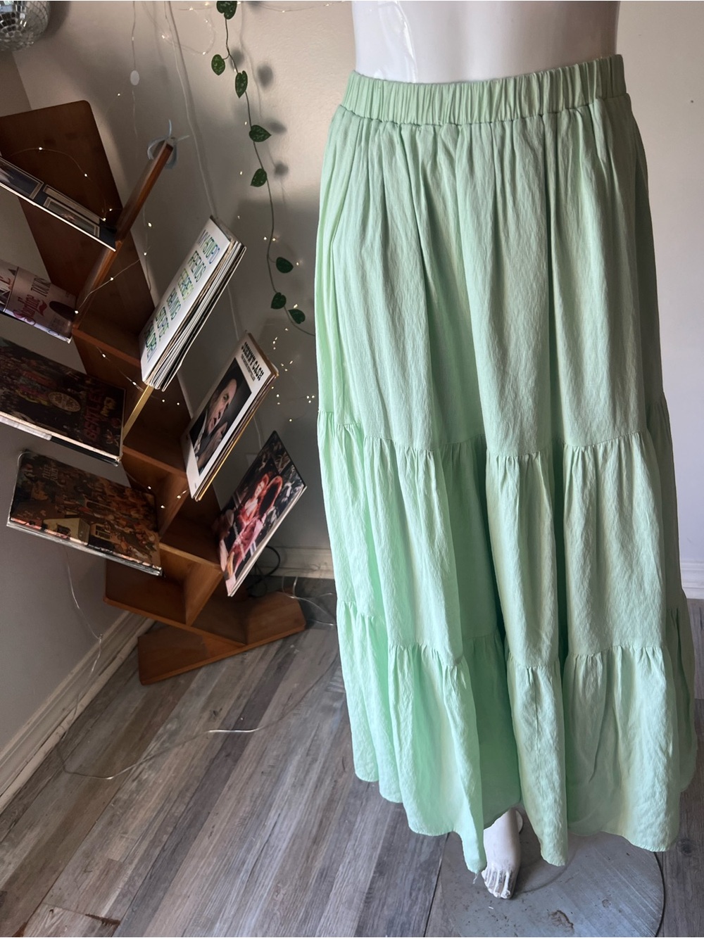 Princess Polly US 6 Sage Green Tiered Maxi Skirt Boho Elastic Waist